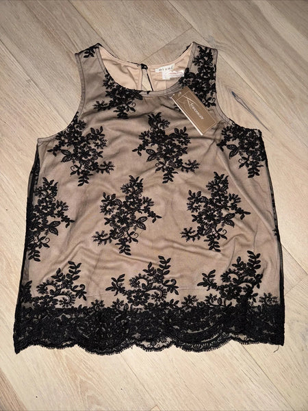 Francesca's Miami Floral Blouse Sleeveless Overlay Poly Lace, Size Large