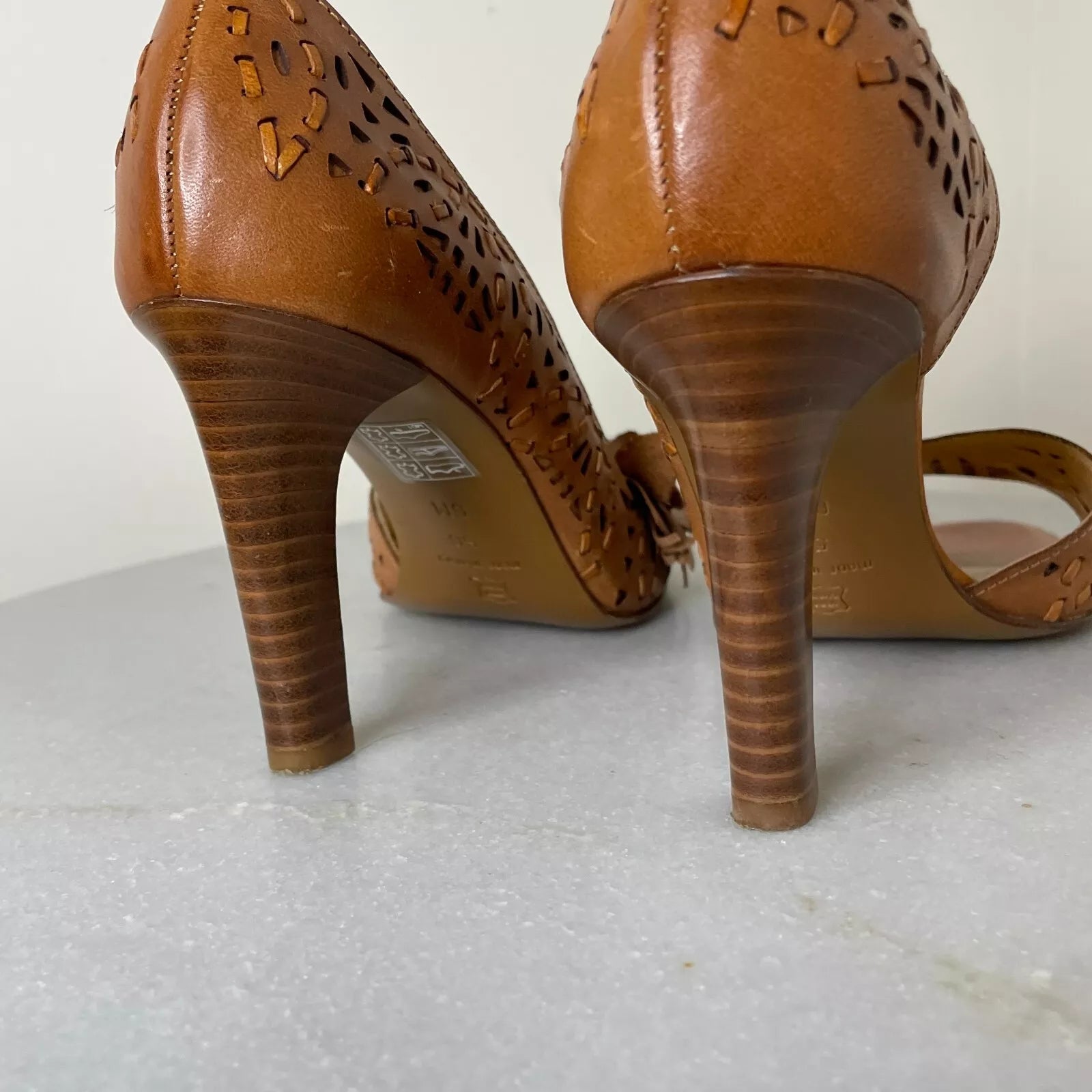 Via Spiga Tan Woven Leather Open Toe Heels With Cut Outs Womens Sz 8