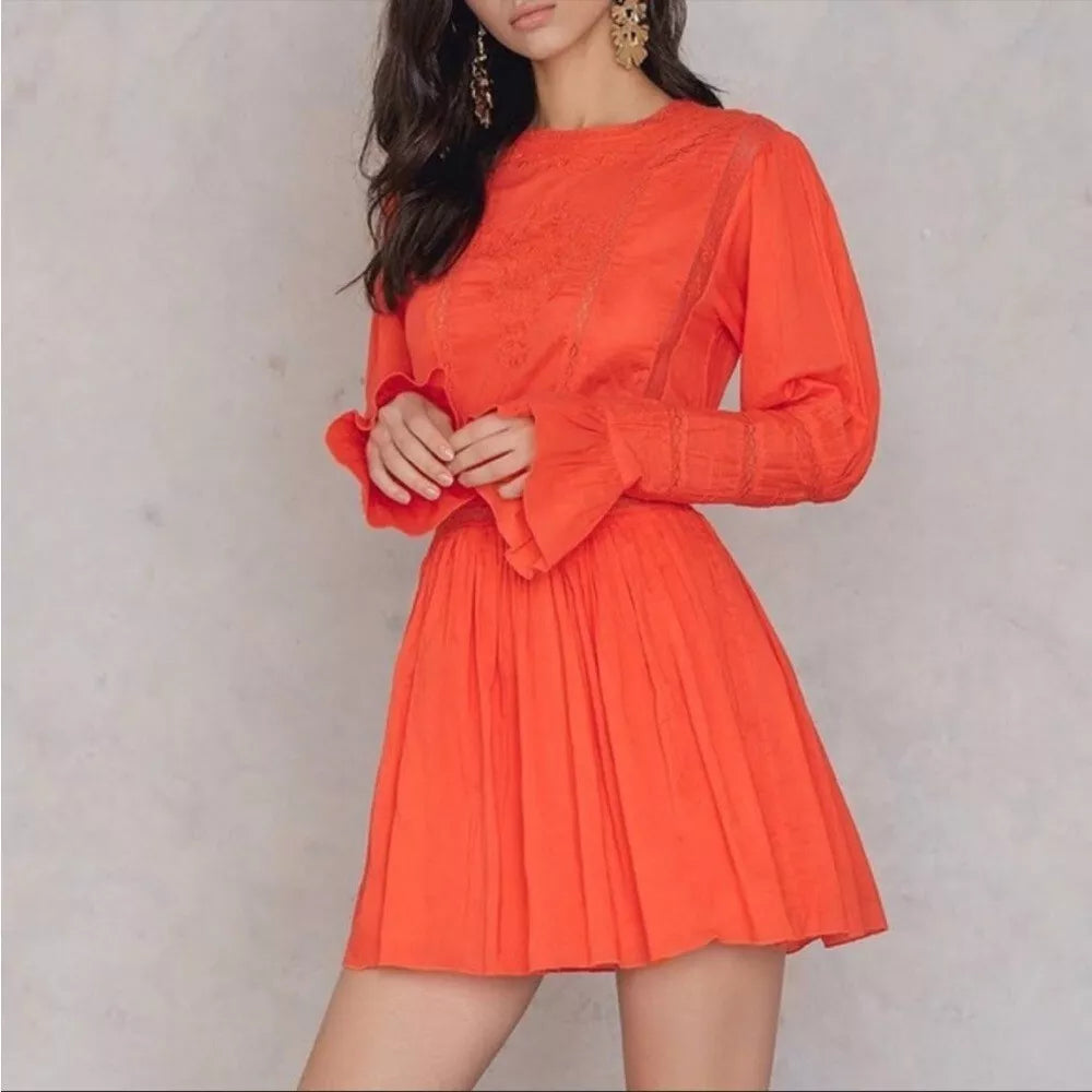 Free People Clementine Victorian Embroidered Long Sleeve Mini Dress, Size 8