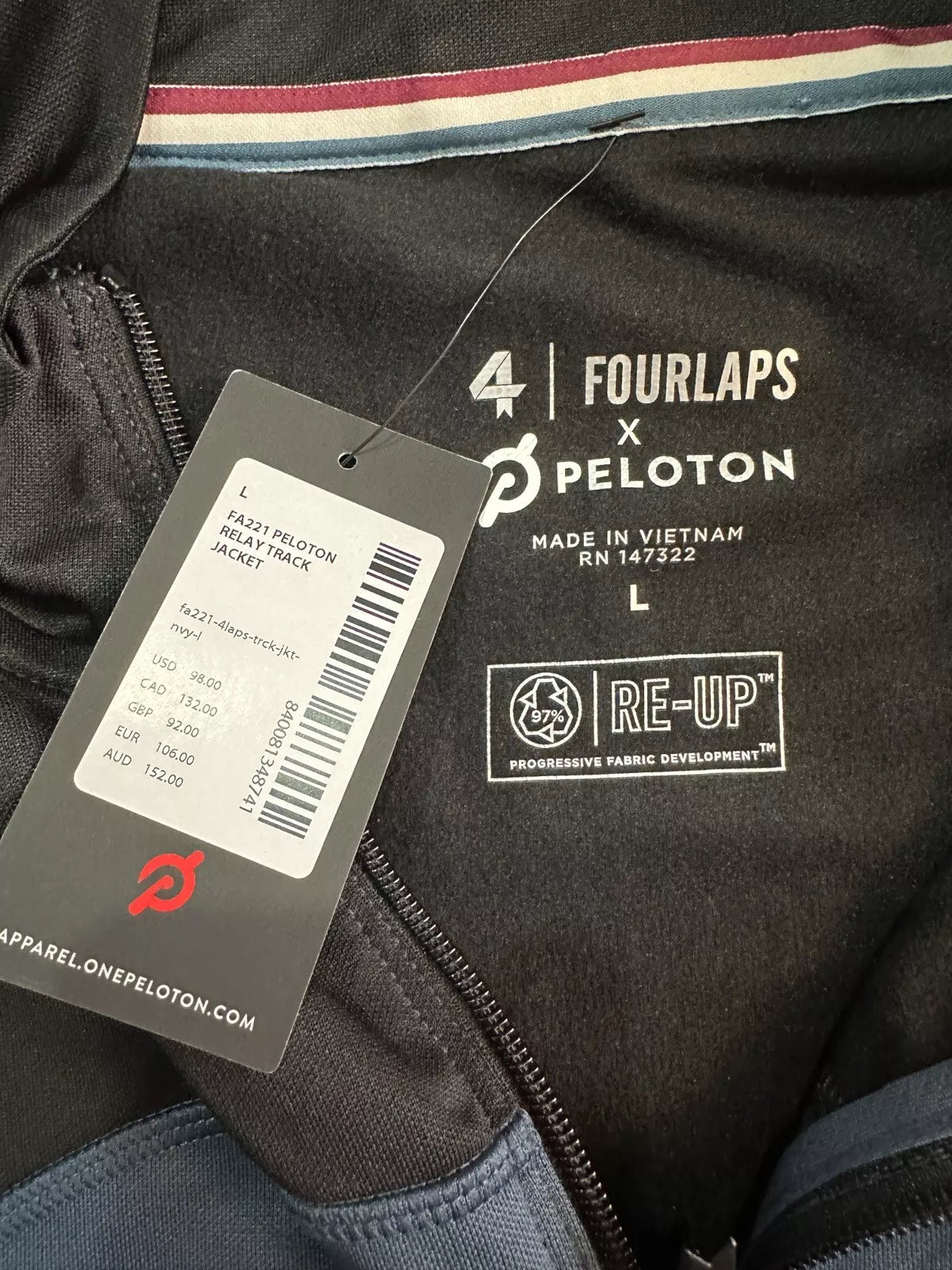 Peloton Fourlaps Relay Track Jacket Logo Embroider Full Zip, Size Large