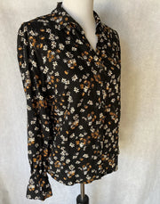 C Est 1946 Womens L Black Floral Long Sleeve Hi Low Button-Up Top Shirt Blouse