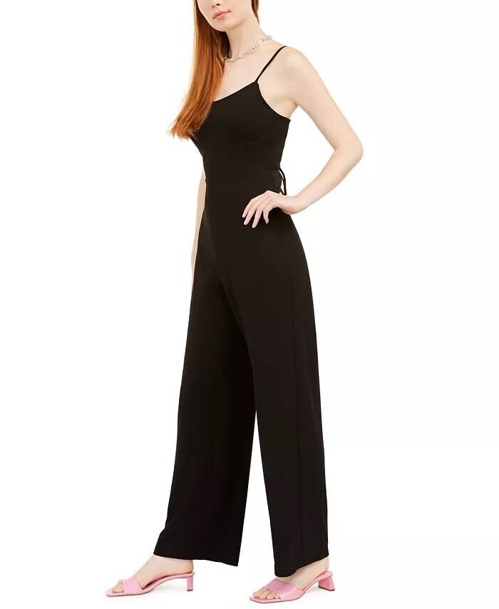 Teeze Me Womens Black Spaghetti Strap Scoop Neck Jumpsuit, Size 3/4