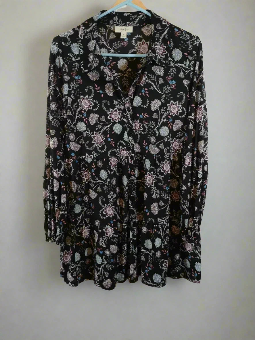 Style & Co Button-Down Printed Peplum Top, Size Large