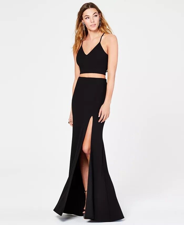 B Darlin Juniors 2-Pc. Lace-Back Slit Gown