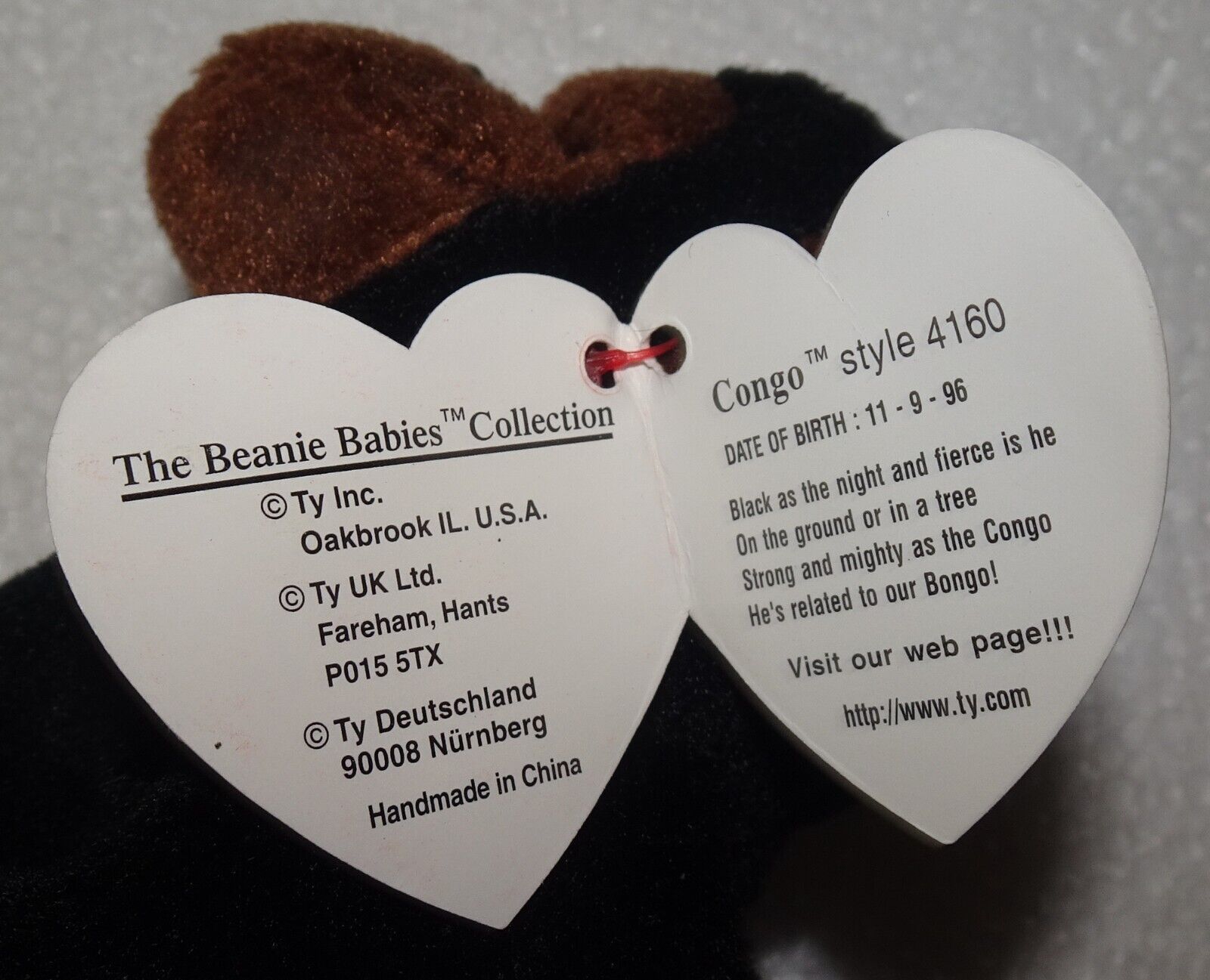 Ty Beanie Baby Congo the Gorilla 1996 RARE Original - 4160 P.V.C. Pellets