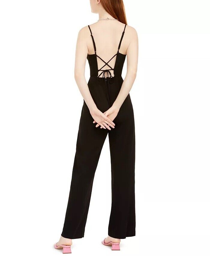 Teeze Me Womens Black Spaghetti Strap Scoop Neck Jumpsuit, Size 3/4