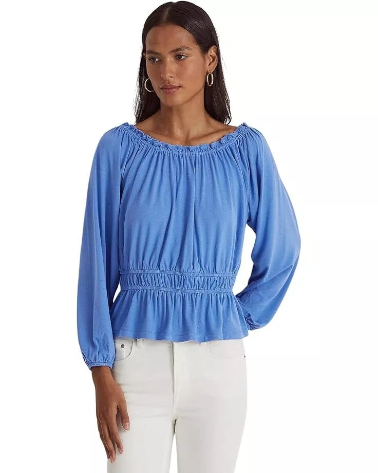 Ralph Lauren Top Blouse Peplum Jersey Ruffle Off-the-Shoulder Petite Size PM