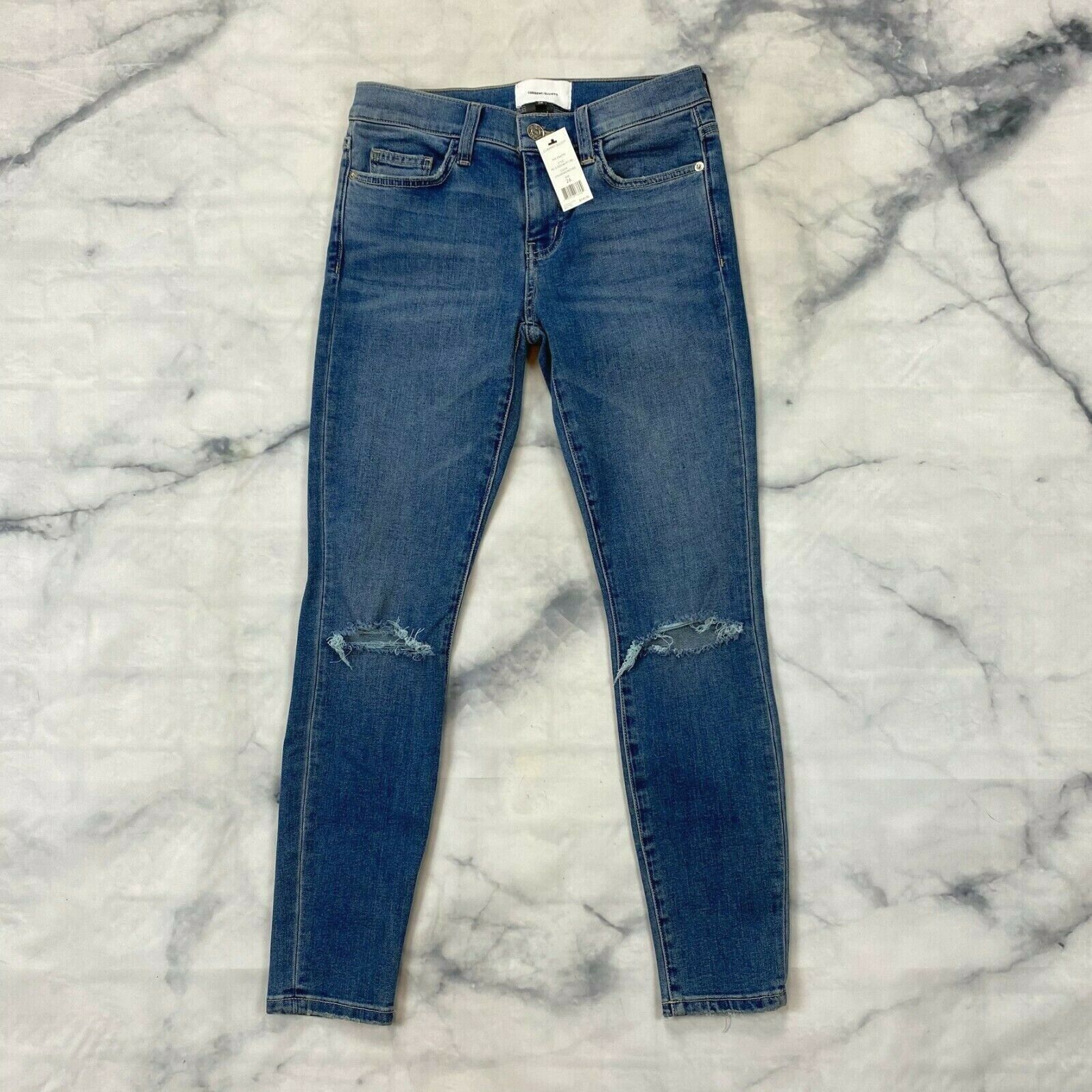 Current/Elliott Stiletto Distressed Ankle Skinny Jeans Stretch Indigo, SZ 27