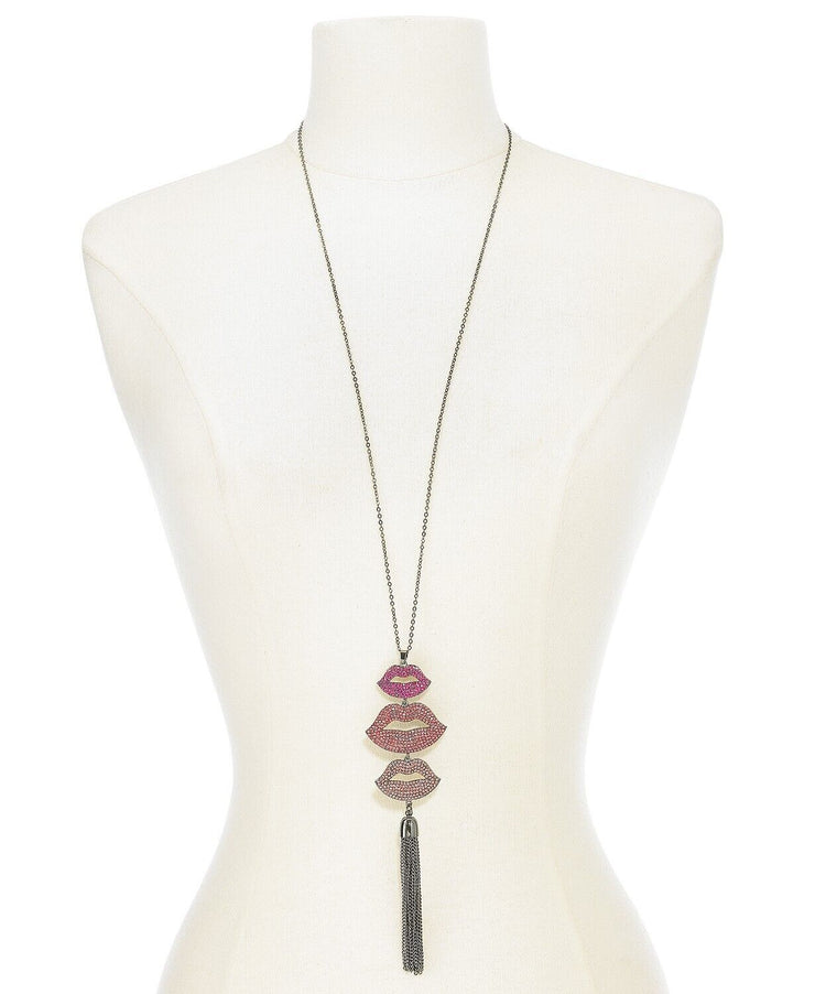 Thalia Sodi Silver-Tone Pave Lip and Chain Tassel 32 Pendant Necklace