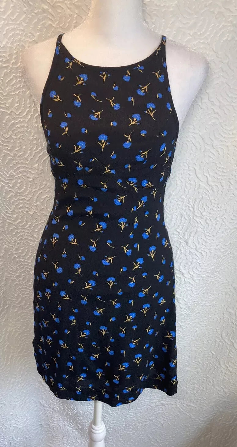 Urban Outfitters UO Mabel Black Blue Floral High-Neck Empire Mini Dress Size 0