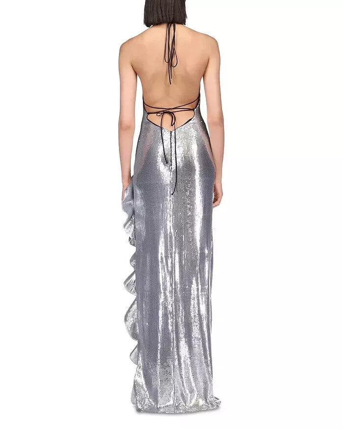 David Koma Sequin Ruffle Halter Column Gown, Size 10