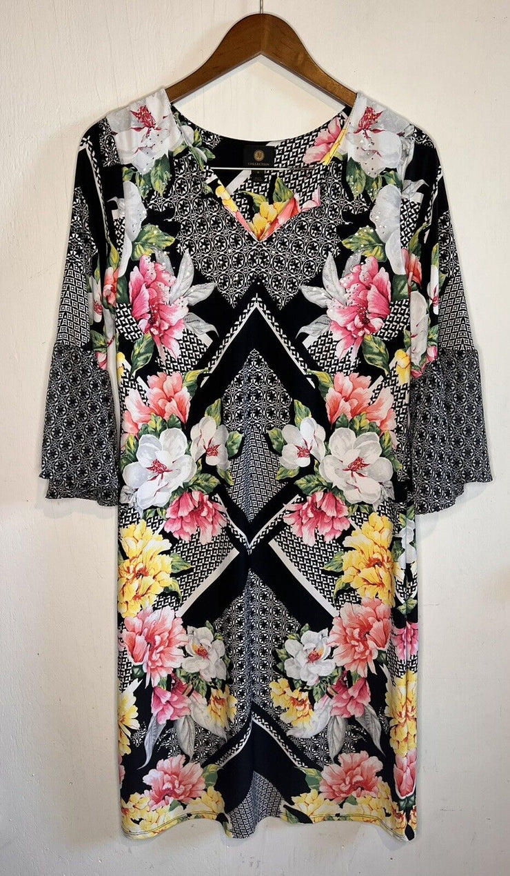 JM Collection Dress Womens Black Floral Magnolia Blossom Blooms, Size Small