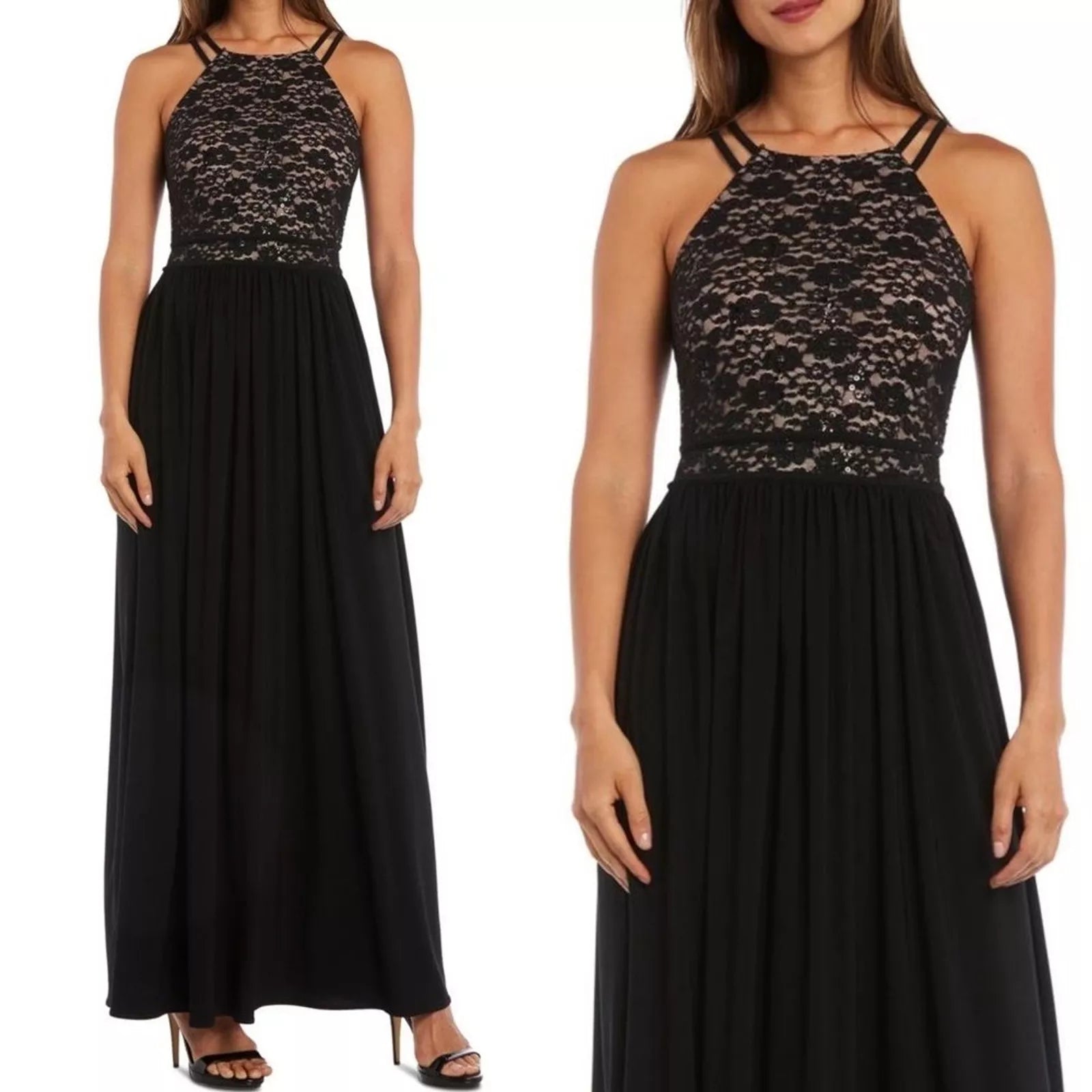 Nightway Lace Solid Sleeveless Halter Full-Length Evening Dress, Size 10