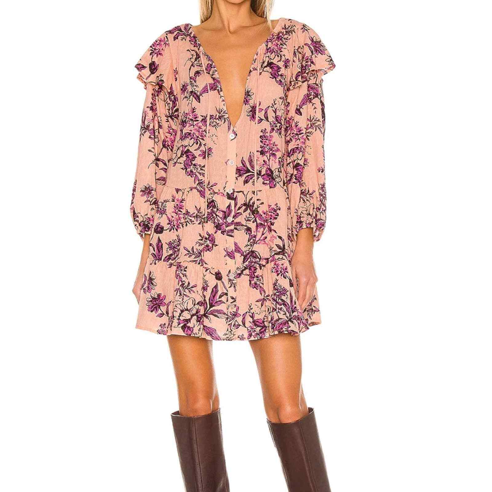 free people sunbaked cotton swing dress Free People sunbaked mini swing dress with tie neck in vintage floral print
