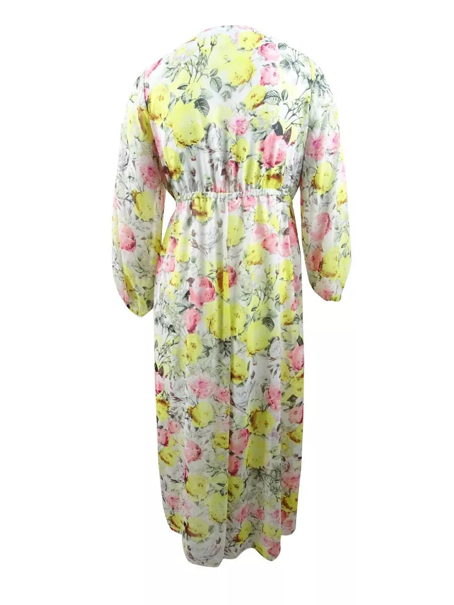 INC Womens Yellow Printed Long Sleeve V Neck Maxi Dress Plus, Size 1X