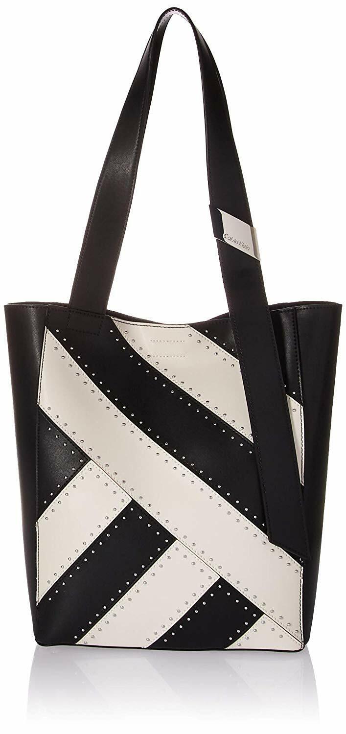 Calvin Klein Black White Leather Karsyn Studded Tote Bag