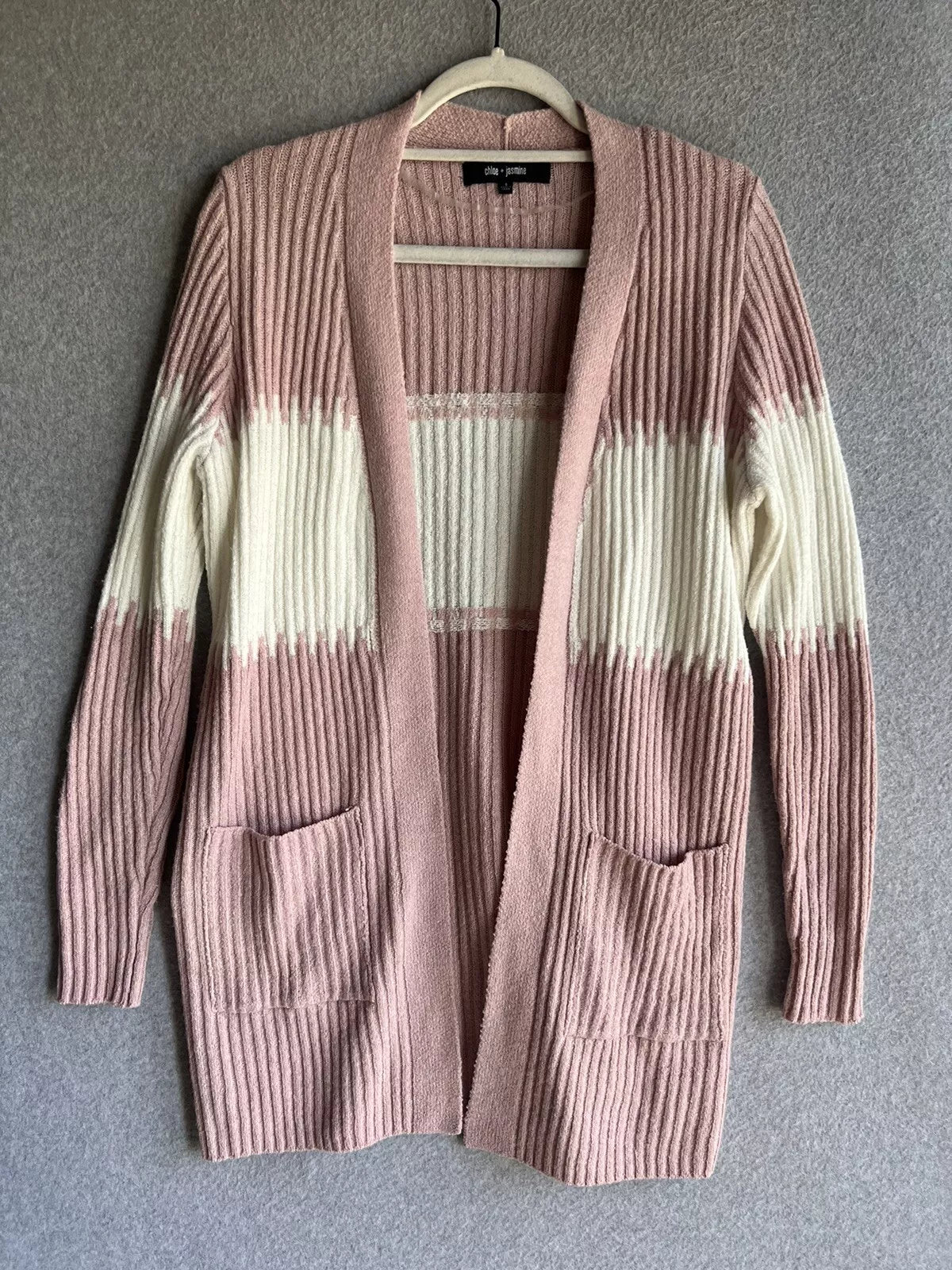 Chloe and Jasmine Open Front Cardigan Pink and White Womens Size M