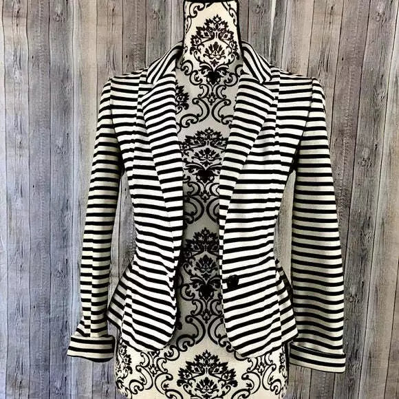 Elle Black and White Striped Structured Blazer, Size Small