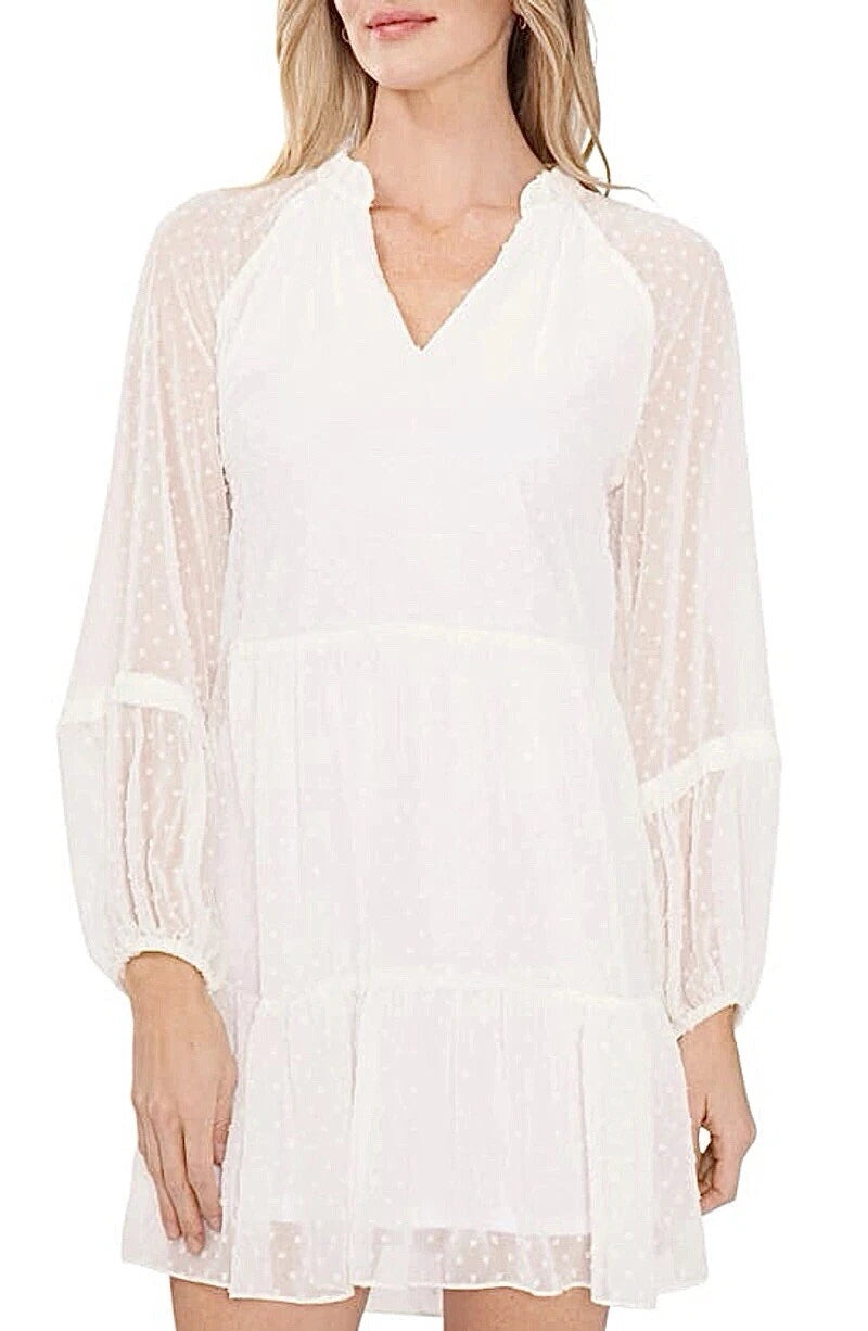 CeCe Womens Long Sleeve V-Neck Ruffled Clip-Dot Dress, Large