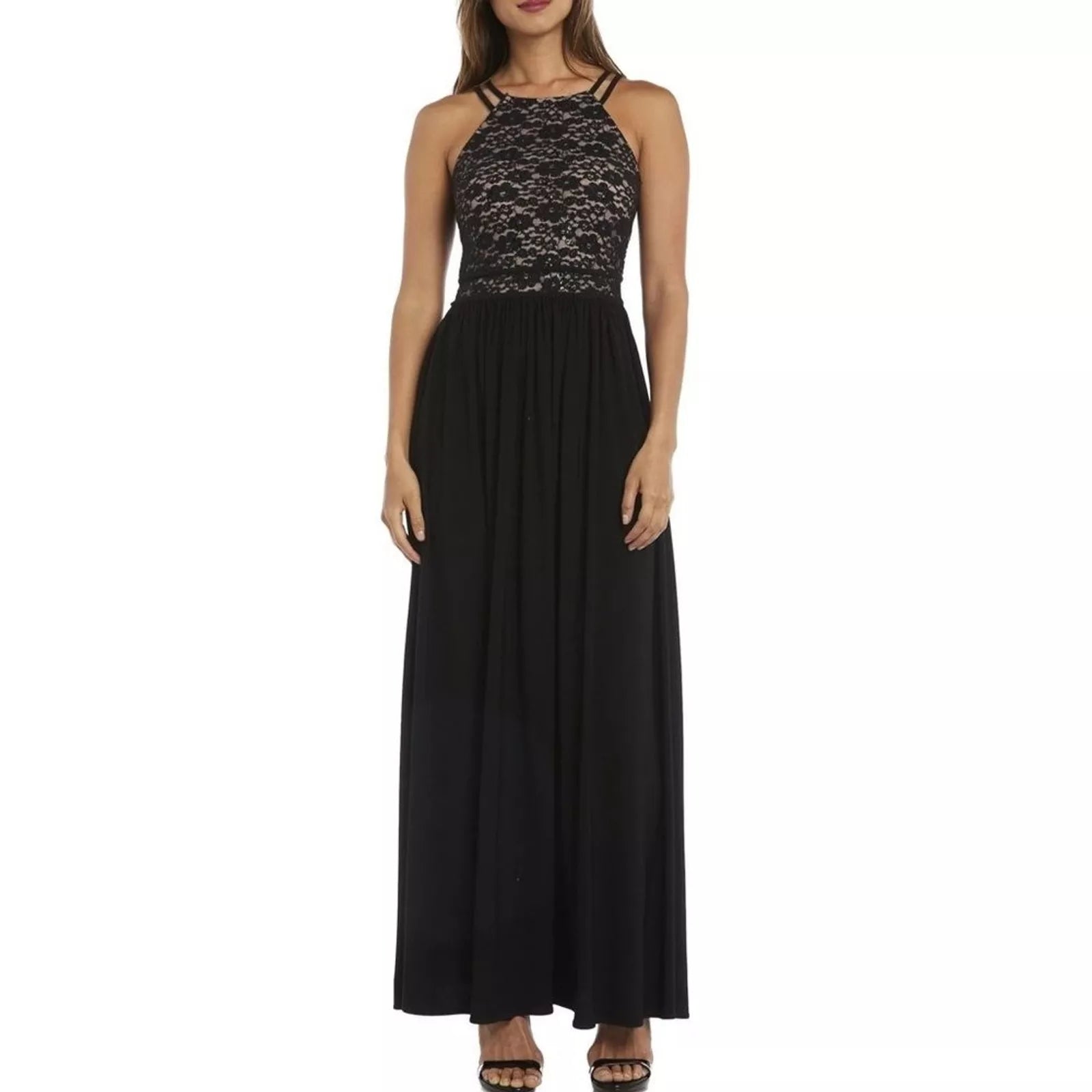 Nightway Lace Solid Sleeveless Halter Full-Length Evening Dress, Size 10