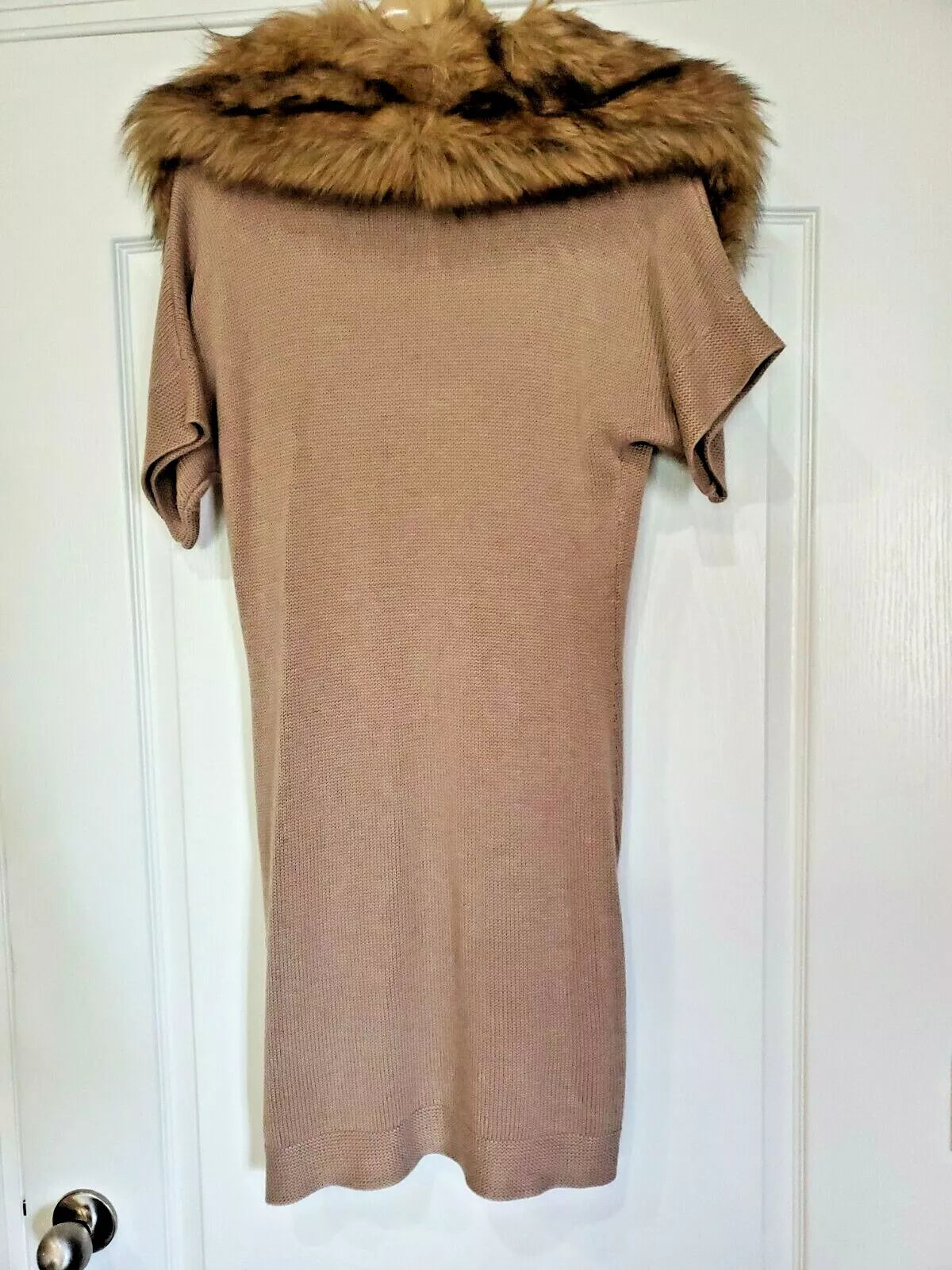 Chicos Faux Fur (Removable) Collar Long A-Line Knit Open Cardigan,Tan,Size 2