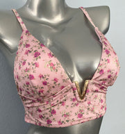 Victorias Secret Bikini Top Nwt Pink Floral Gold V Long Line Swim Bikini Top, L