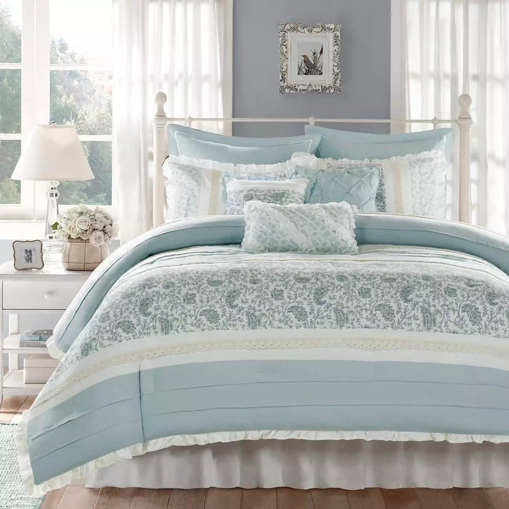 Madison Park Vanessa Comforter Set Cotton Percale Queen Size in Aqua (9-Piece)