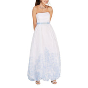 Teeze Me Juniors Strapless Floral-Hem Gown, Size 9-10/ White & Blue