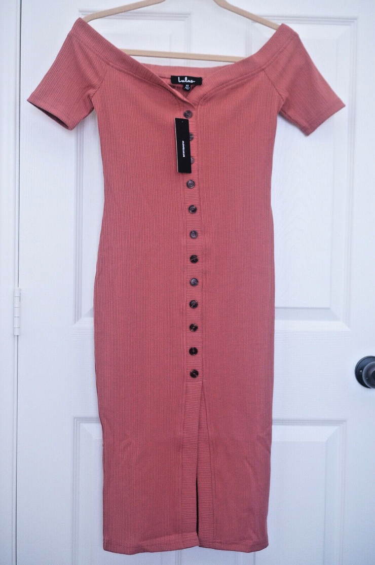 Lulus Brittnie Rusty Rose Ribbed Off-The-Shoulder Midi Dress, Size Small