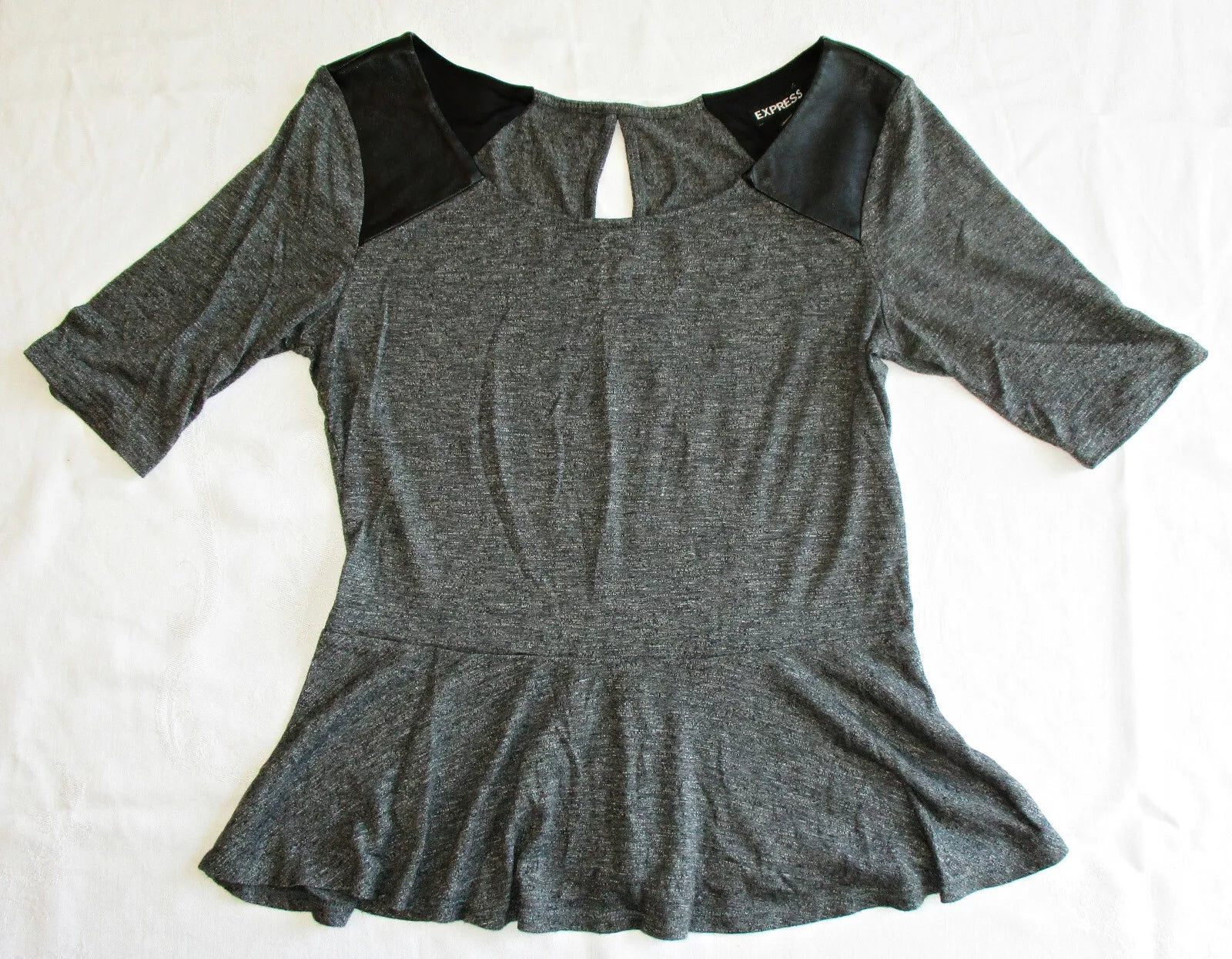 Express Womens Gray Pullover Peplum Top W Faux Leather Shoulders Size M