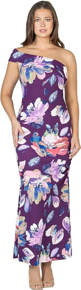 24Seven Comfort Apparel Purple Floral One-Shoulder Ruched Mermaid Maxi Dress, Size M