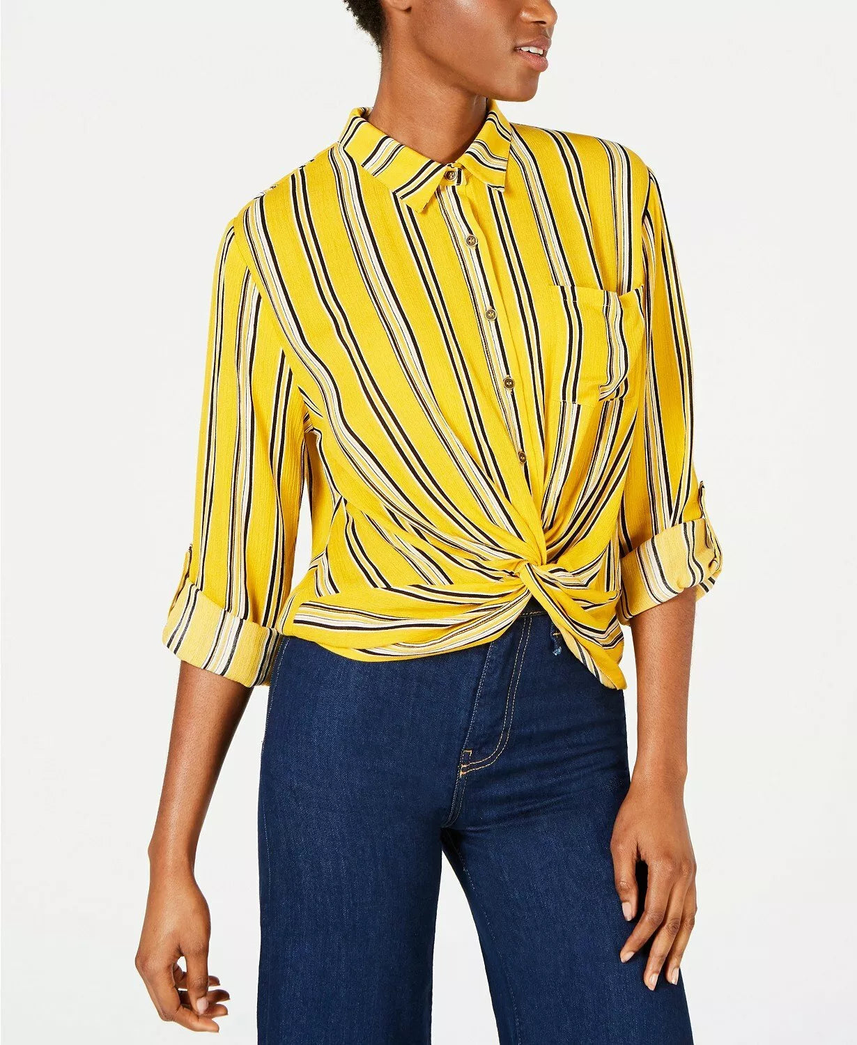 Self Esteem Juniors Twist-Front Draped Shirt Yellow/Black Stripe, Size Large