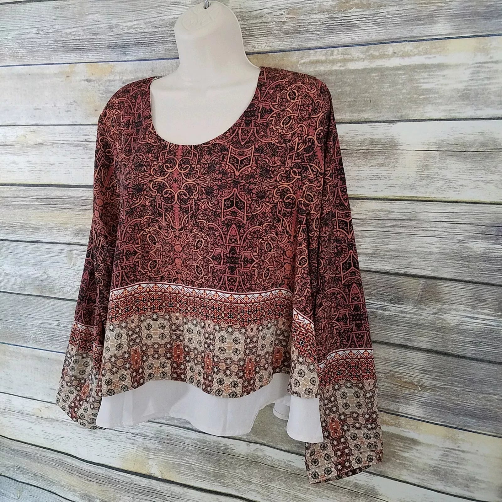 Fourteenth Place Blouse Brown Orange Geometric Print, Size Medium