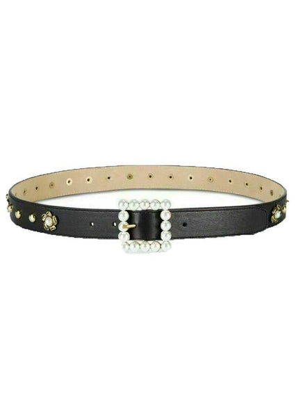 Steve Madden Imitation Pearl Embellished Belt Black, Size Medium