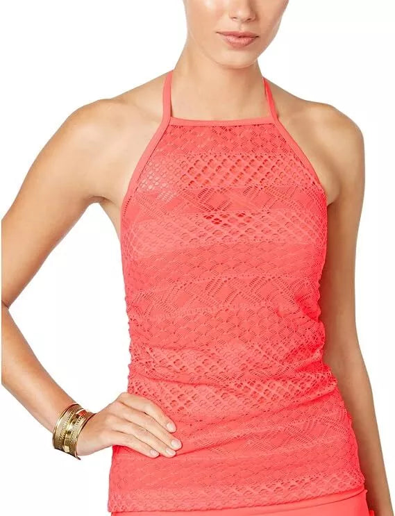 Island Escape Womens Sky High-Neck Crochet Tankini Top