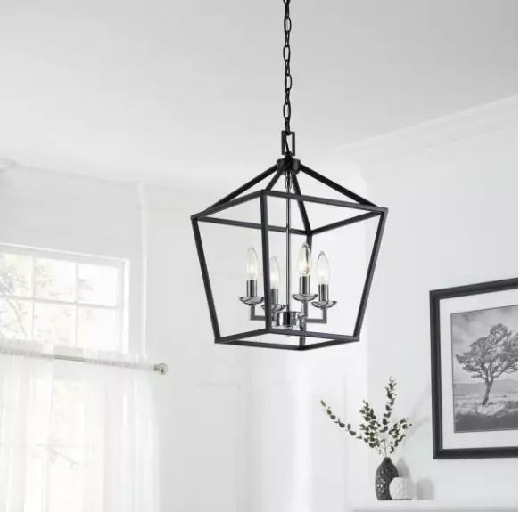 Home Decorators Collection Weyburn 4-Light Black and Polished Chrome Caged Chand