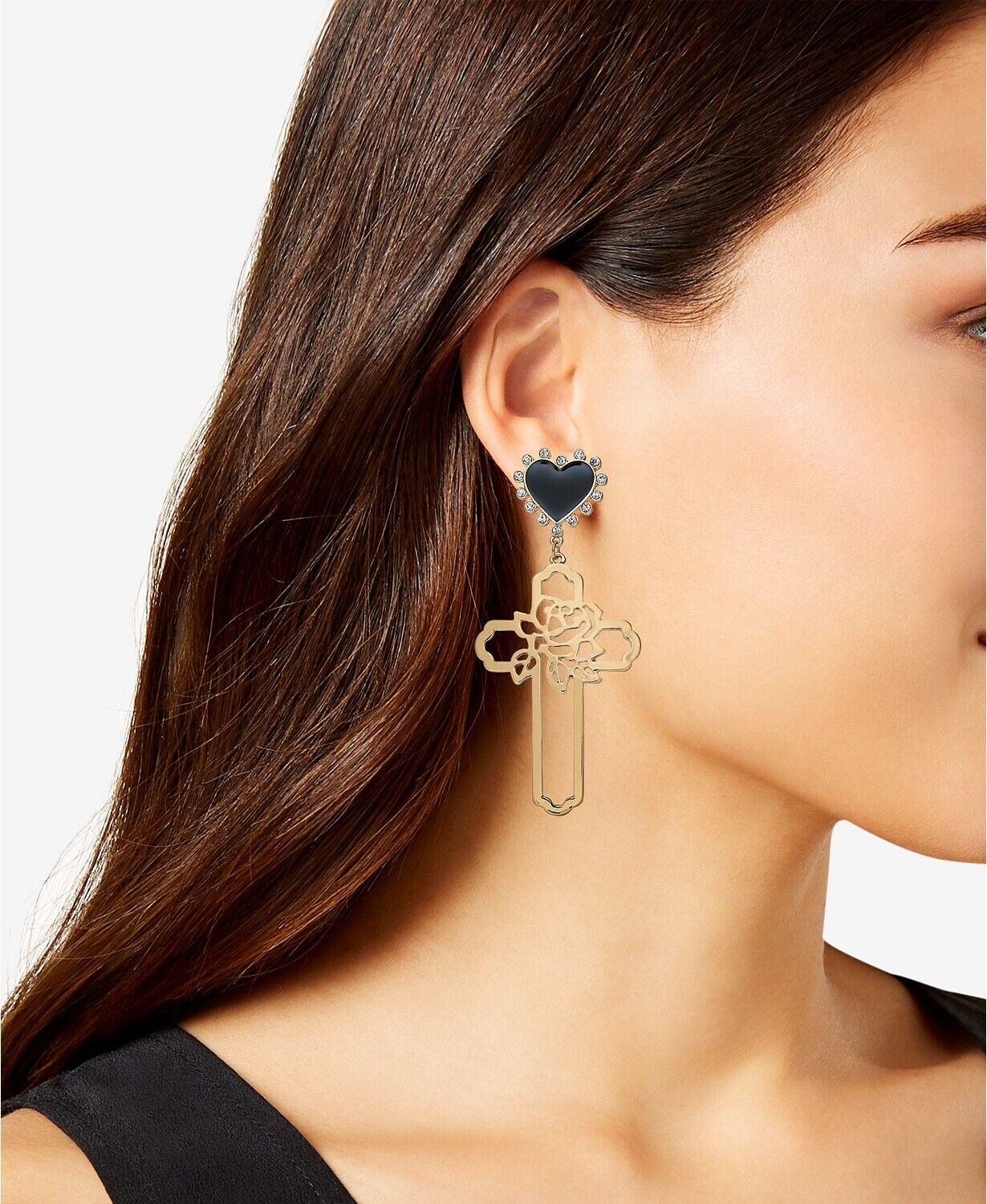 Thalia Sodi Gold-Tone Rose-Cross and Heart Stud Drop Earrings