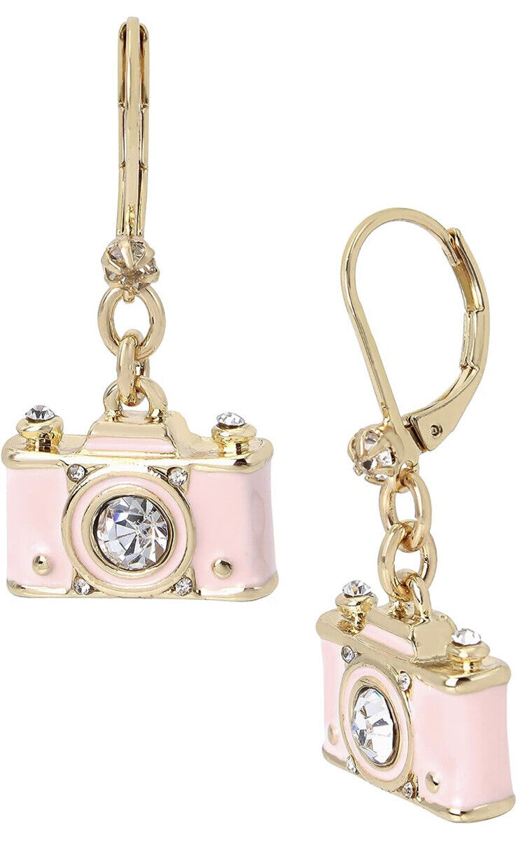 Betsey Johnson Pink Camera Crystal Gold Toned Dangle Earrings