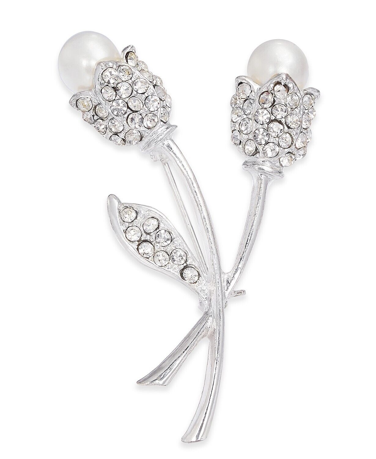 Charter Club Silver-Tone Crystal and Imitation Pearl Tulip Pin