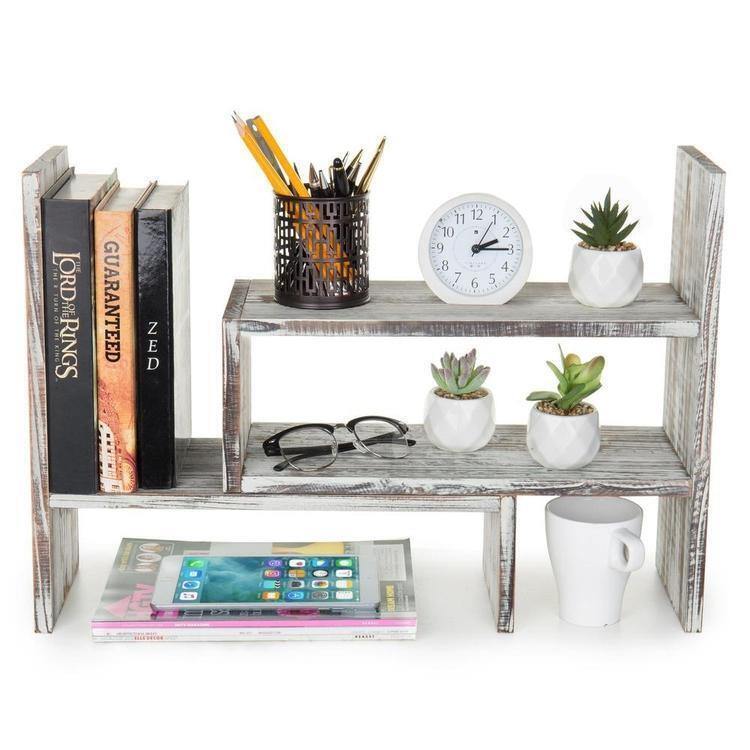 Adjustable Bookcase Modular Rustic Torched Wood Organizer, Office Desk Bookshelf