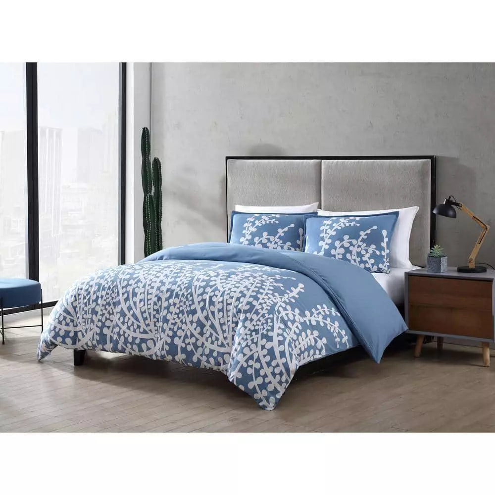 City Scene Branches 3-Piece Blue Floral Cotton Full/Queen Duvet Cover Set