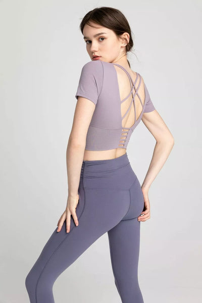 J.INE Powdered Violet Strappy Performance Crop, Size Medium