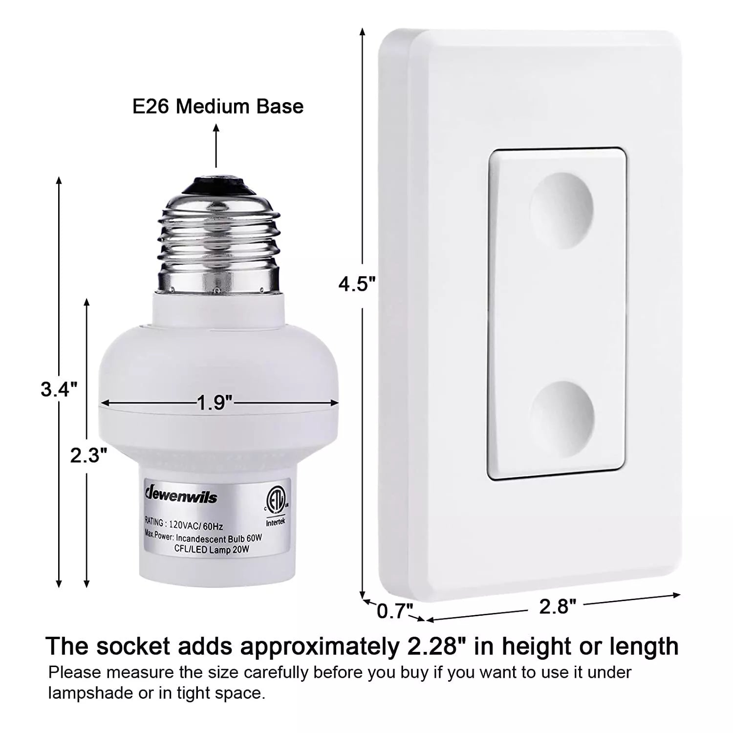 Dewenwils Remote Control Light Lamp Socket E26 E27 Bulb Base Adapter, No Wiring