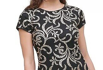 Kensie Womens Black Sequined Short Sleeve Jewel Neck Fit Flare Dress- Size 0