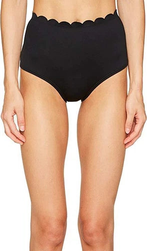 Kate Spade New York Contrast Scalloped High-Waist Bikini Bottom-S/Black