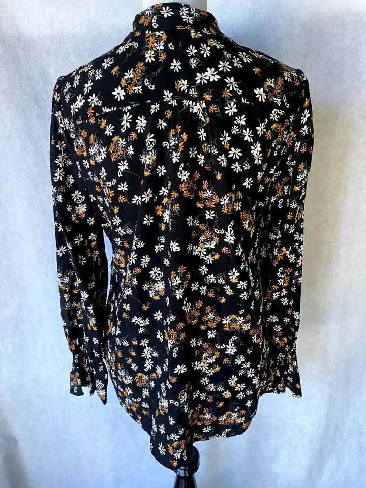 C Est 1946 Womens L Black Floral Long Sleeve Hi Low Button-Up Top Shirt Blouse