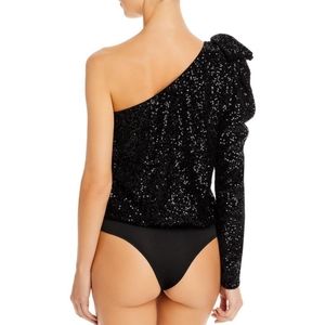 Aqua Sequined Bow One Shoulder Bodysuit, Size Large