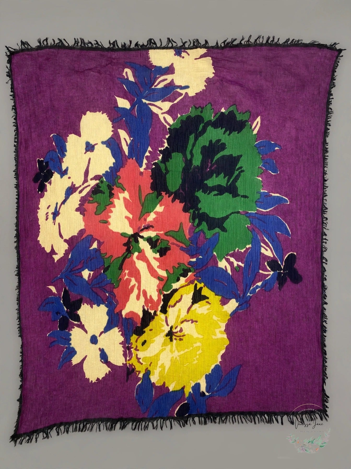 Vintage Boho Chic Scarf Purple Bold Floral Fringe 26x36