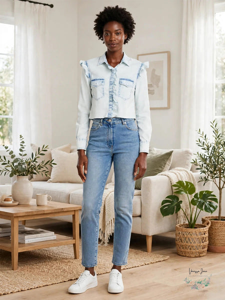 Alice + Olivia Crop Chambray Shirt in Ocean Blues, Size Small