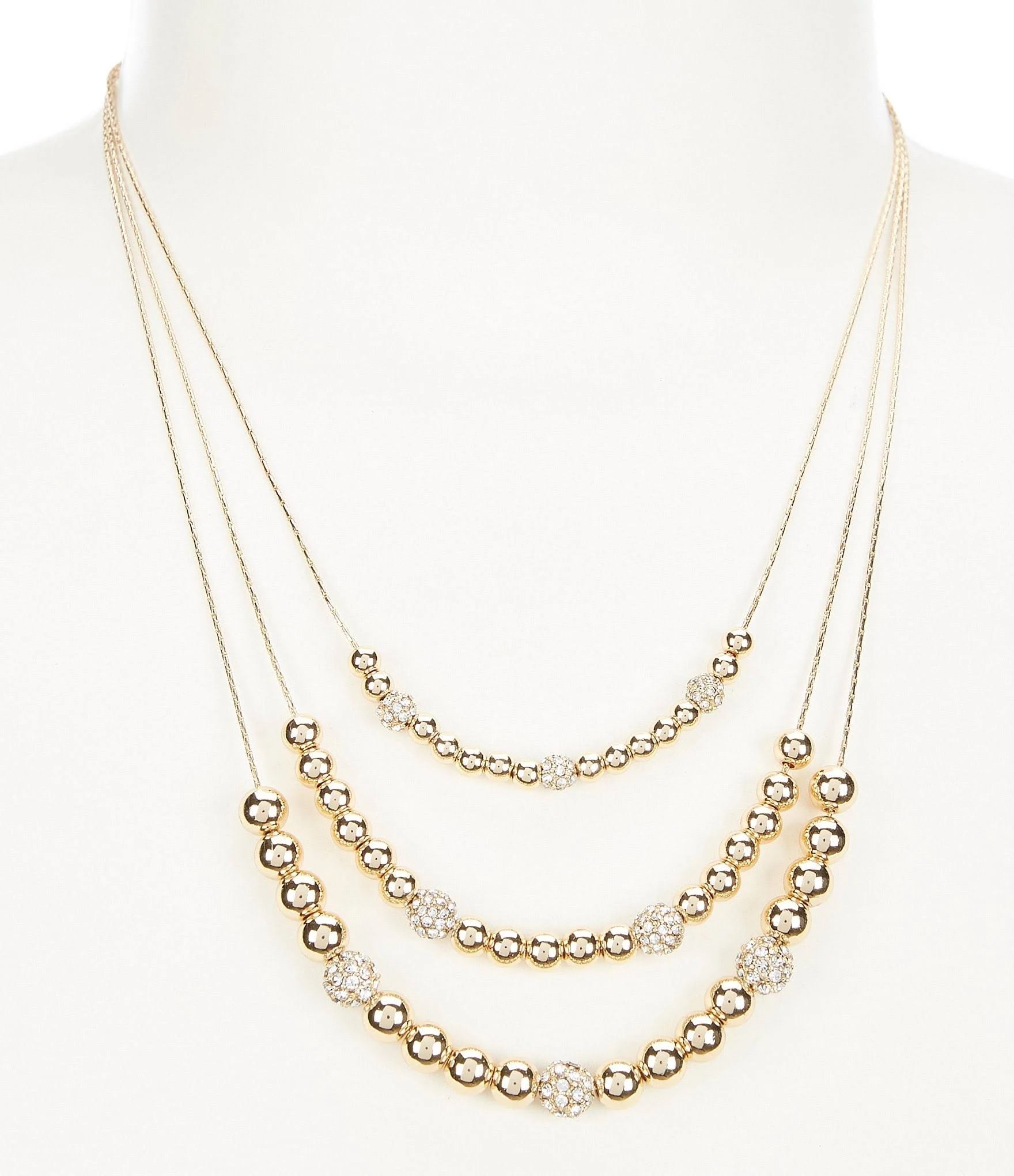 Anne Klein Gold-Tone Pave Fireball & Bead Layered Necklace, 16″ + 3″ Extender